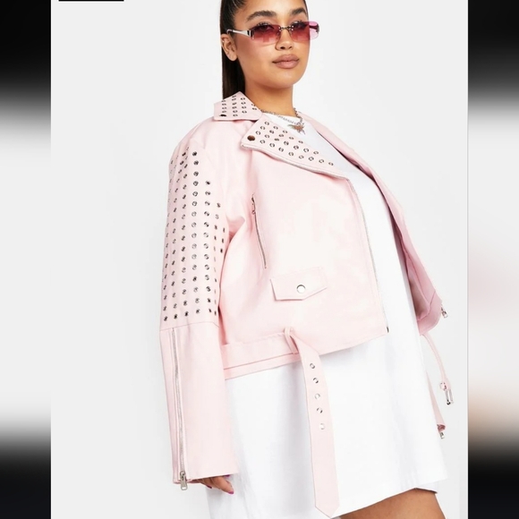Azalea Wang Plus Rosalita Grommet Pink Faux Leather Moto Jacket Size 1X - Picture 3 of 17